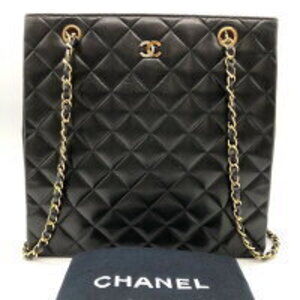 CHANEL Matelasse Chain Shoulder Bag Tote Coco Mark Lambskin Black Gold